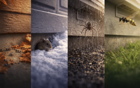 Seasonal pest activity around a home including ants, a mouse in snow, a spider web near siding, and a wasp representing year-round pest problems